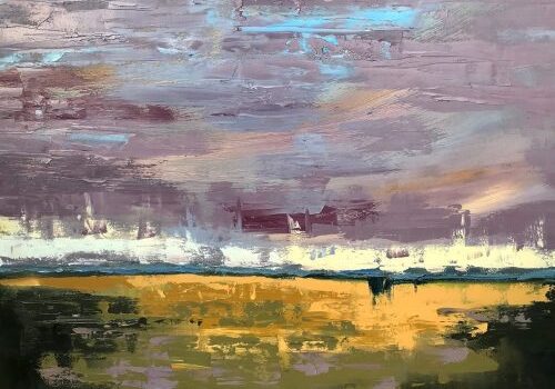 Abstract landscape with colorful sky and field.