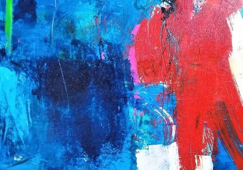 Abstract painting with vibrant blue and red.