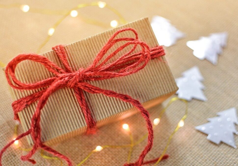 Gift box with red string and lights.