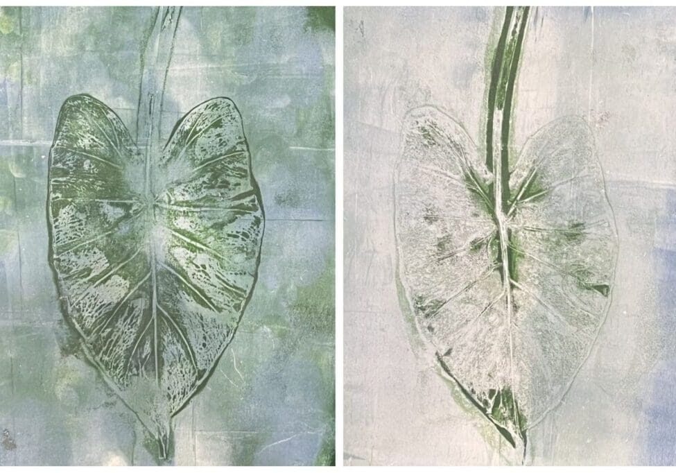 Two green heart-shaped leaf art panels
